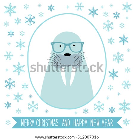 Cute hand drawn winter holidays card with seal and hand written text Merry Christmas and Happy New Year on snowy background