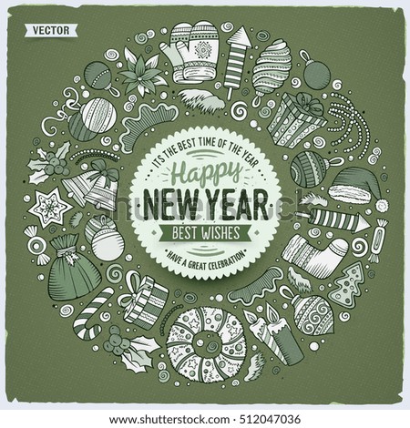 Sketchy vector hand drawn set of New Year cartoon doodle objects, symbols and items. Round frame composition