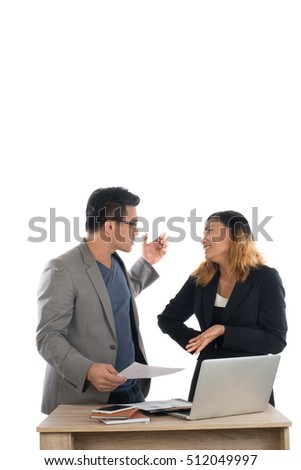 Young business woman standing with her boss conversation about the business at office isolated on white background.