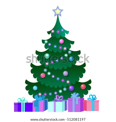 Flat vector Greeting Card illustration isolated on white background with presents and gift boxes under Christmas Tree. 2017