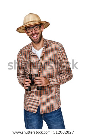Traveler and explorer with binoculars and hat isolated over white background