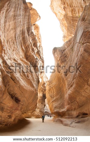 The Siq, the narrow slot-canyon that serves as the entrance passage to Petra city, Jordan