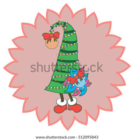 illustration with sweet green Christmas tree with legs, character and sticker for Christmas and New year, pink background, wavy contour
