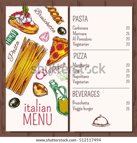 Italian menu pasta restaurant menu with decorative images of macaroni pizza olive and ripe vegetable icons vector illustration