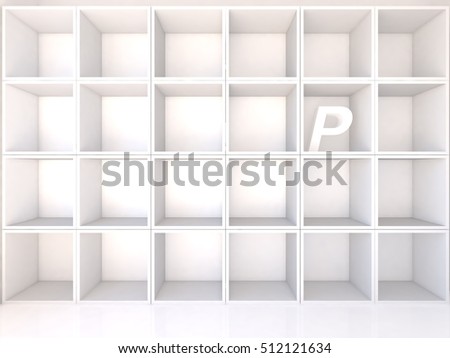 Empty white shelves with Alphabet P on white background, 3D Illustrator