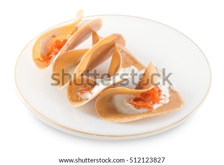 Thai Traditional Snack and Dessert, Plate of Thai Crispy Pancake or Thai Crepes Filled with Sweet Coconut Cream and Salted Shredded Coconut Isolated on White Background.