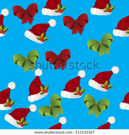 Very high quality original trendy vector seamless pattern with christmas gift bow and anta hat with fur, bows and holly