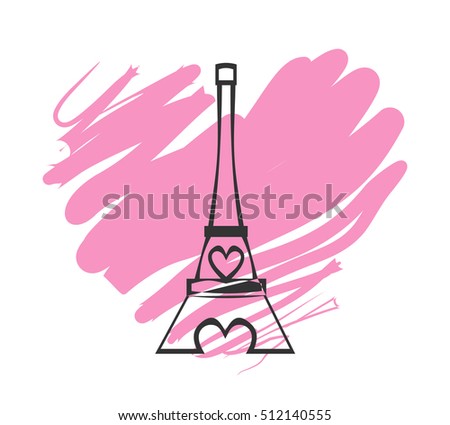 Paris Eiffel Tower Icon with pink heart on white background. Happy Valentines Day celebration greeting concept card. Vector illustration. Stroke clipart
