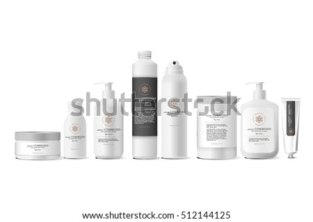 Realistic white cosmetic cream container and tube for cream, ointment, toothpaste, lotion Mock up bottle. Gel, powder, balsam, with empty label. Soap pump. Containers for bulk mixtures. Royalty-Free Stock Photo #512144125
