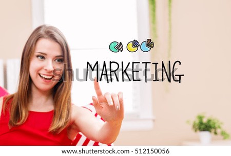 Marketing concept with young woman in her home 