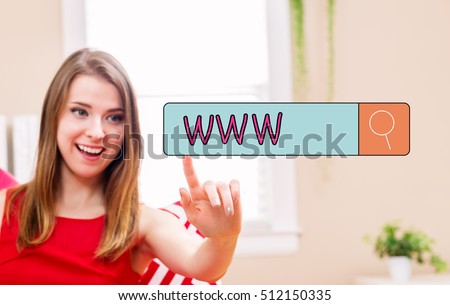 www concept with young woman in her home