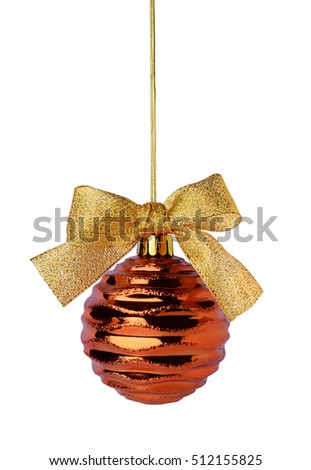 Hanging golden Christmas ball with ribbon bow isolated on white background
