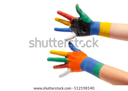 Child painted hands on white background