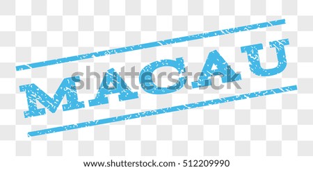 Macau watermark stamp. Text caption between parallel lines with grunge design style. Rubber seal stamp with dirty texture. Vector light blue color ink imprint on a chess transparent background.