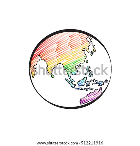Earth icon hand-drawn in rainbow color on white background. World map in doodles or globe retro style. Nature concept. Environment design for earth day.