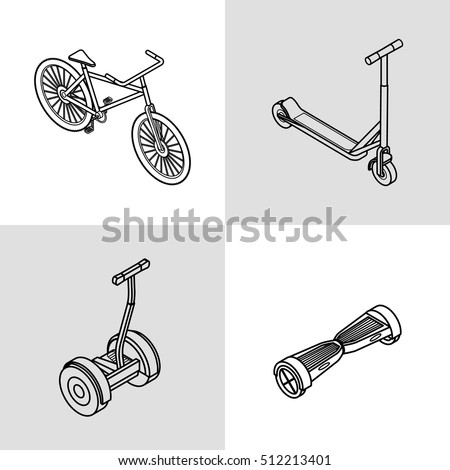 Vector illustration. Isometric set of outline icons of extreme sports transport. bicycle, scooter, gyroscooter, electric scooter. 3D