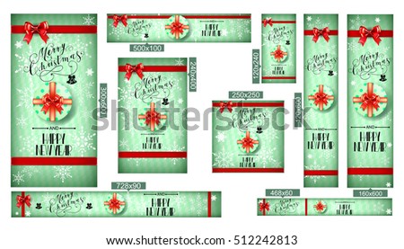 Set of Lettering Merry Christmas and Happy New Year. Christmas symbols and beautiful bows and ribbons. Holiday calligraphy