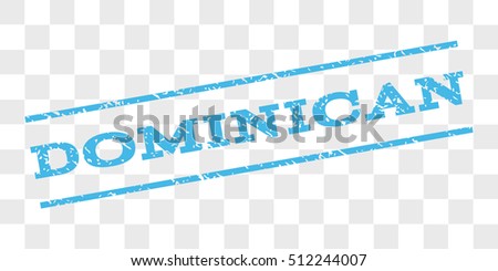 Dominican watermark stamp. Text tag between parallel lines with grunge design style. Rubber seal stamp with scratched texture. Vector light blue color ink imprint on a chess transparent background.