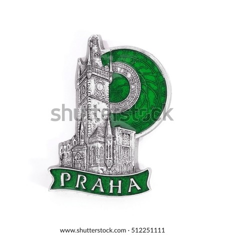 Magnetic souvenir from the Czech Republic isolated on white background. Czech inscription is the name of the capital of "Prague" in English