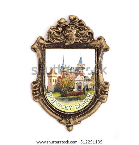 Magnetic souvenir from Slovakia with coat of arms and the castle isolated on white background. The inscription on the Slovak language means "Bojnice Castle" in English