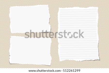 Pieces of white torn note, notebook paper sheets stuck on brown background Royalty-Free Stock Photo #512261299