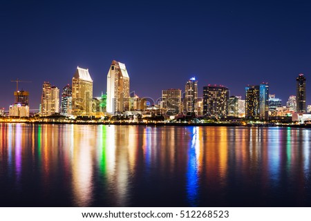 San Diego downtown seen from Coronado at night, California
