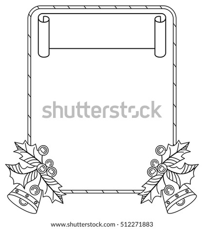 Contour frame with paper banner, Christmas bells and holly berry . Copy space. Vector clip art.