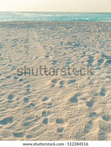 Coast of a tropical island with white sand at sunset, Maldives