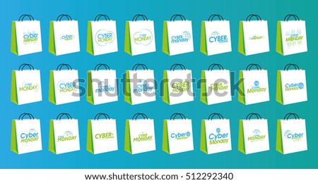 Set of cyber monday shopping bags on a blue background, Vector illustration