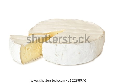 Brie cheese with cut slice isolated on a white background Royalty-Free Stock Photo #512298976
