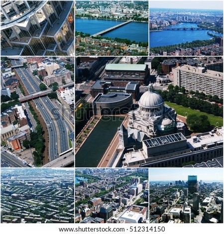 Aerial view images of Boston, MA, USA Collage of photos toned.