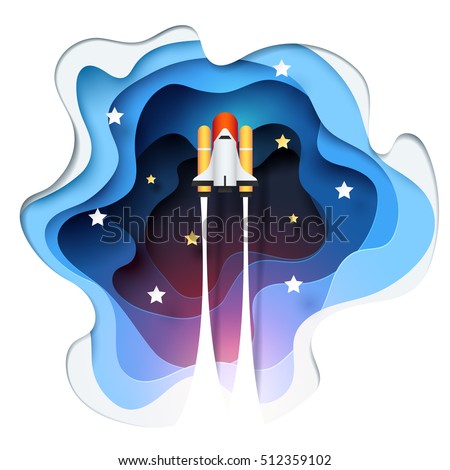 Abstract of paper spaceship launch to space, paper art concept and exploration idea, vector art and illustration. Royalty-Free Stock Photo #512359102