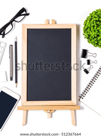 Top view blank restaurant chalkboard business desk with office equipment, flat lay photography of business office object for montage your advertise or product.