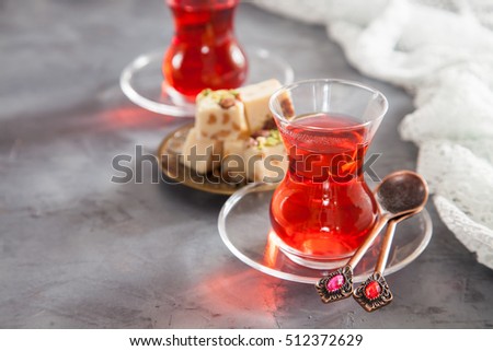 garnet tea and oriental sweets - locum and sherbet, selective focus, copy space