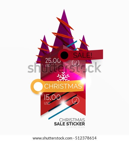 Vector Geometric Christmas Sale Stickers - shiny paper style elements with holiday concepts - Snowflake and New Year Tree