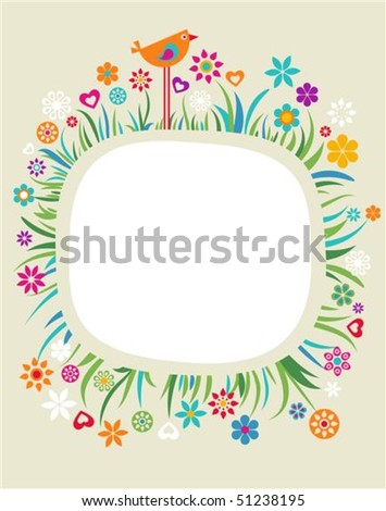 Colourful vintage frame with flowers and a bird