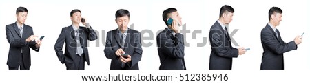 several photos of an asian businessman making phone calls to communicate