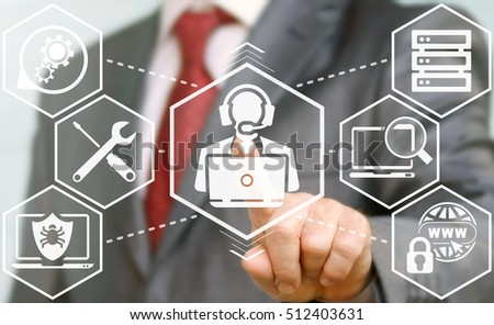 Business, finance, internet concept - businessman presses support icon. Businessman touched repairer sign with laptop and headset. Network, technician, technical. Customer service for apps, websites.
