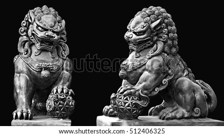 Stone statue. Guardian Lion Foo Fu dog guard. Buddhist sculpture. Black and white photography.