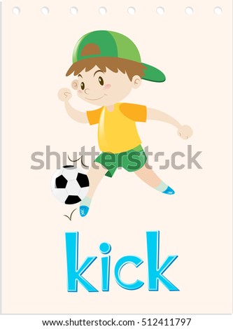 Word card with boy kicking ball illustration