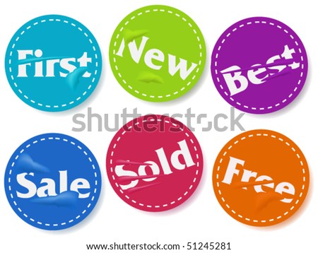 Set of six damaged colorful labels with words first, new, best, sale, sold and free
