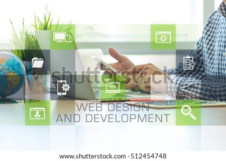 Businessman working in office and Web Design and Development icons concept