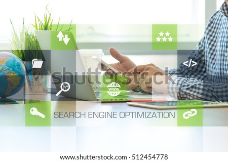 Businessman working in office and Search Engine Optimization icons concept