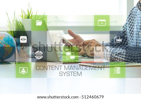 Businessman working in office and Content Management System icons concept