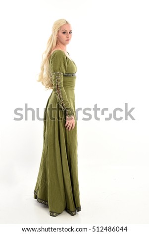 full length portrait of a beautiful lady with long blonde hair wearing a green medieval fantasy gown. standing pose, isolated on white background.