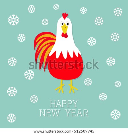 Red Rooster Cock bird. Snow flake. 2017 Happy New Year symbol Chinese calendar. Cute cartoon funny character with big feather tail. Baby farm animal. Blue background. Flat design. 