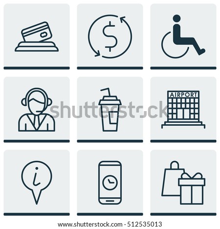 Set Of Airport Icons On Money Trasnfer, Airport Construction And Accessibility Topics. Editable Vector Illustration. Includes Call, Credit, Operator And More Vector Icons.
