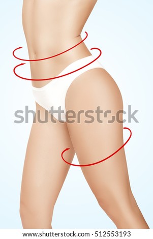 Female body with the drawing arrows on it on blue background