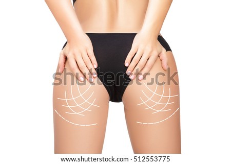 Female body with the drawing arrows on it isolated on white background