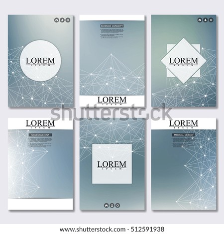 Set of business templates for brochure, flyer, cover magazine in A4 size. Structure molecule of DNA and neurons. Geometric abstract background. Medicine, science, technology. Scalable vector graphics.